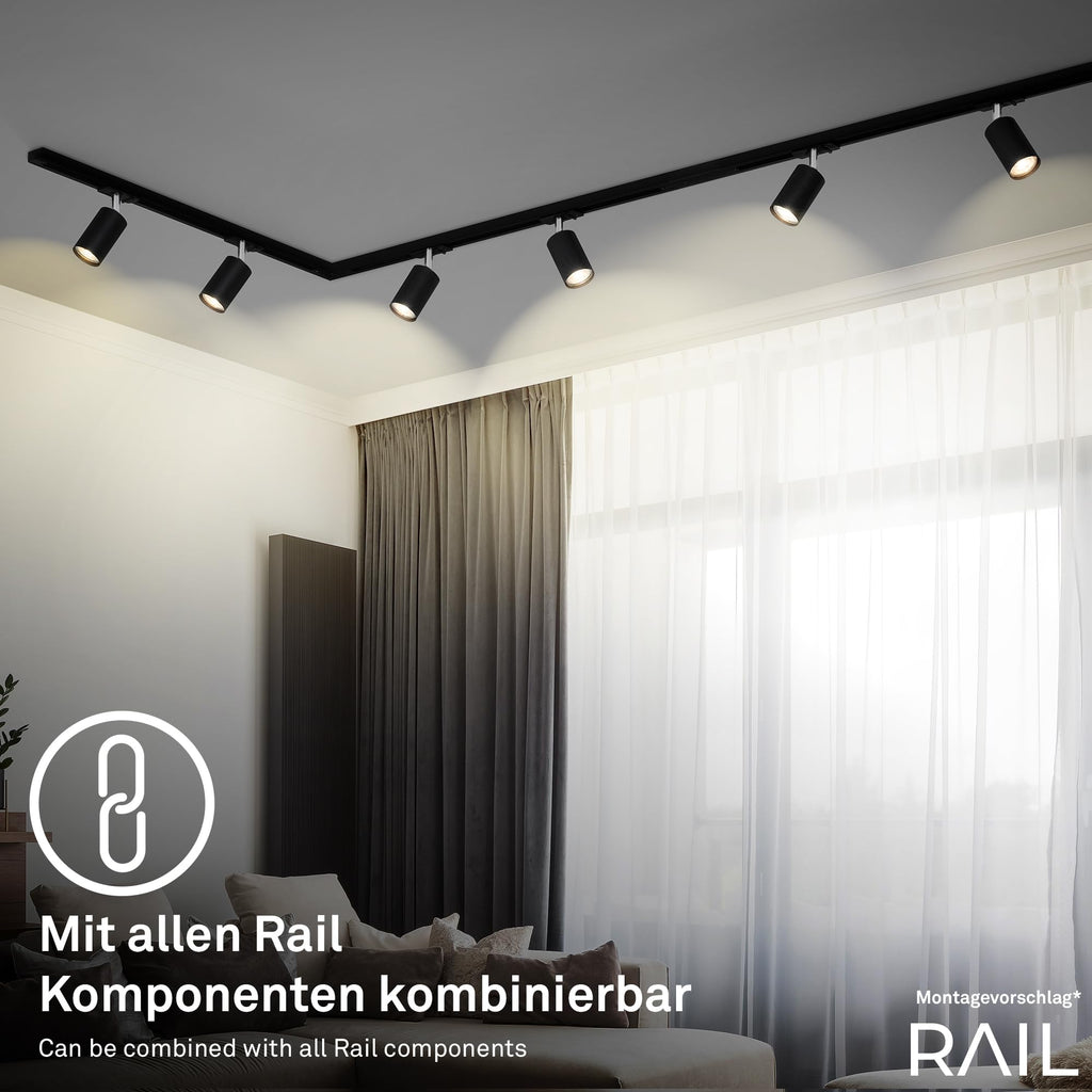 BRILONER - Schienensystem Rail Starterset, 4x GU10 Spots schwenkbar, erweiterbar, Lichtschienensystem Decke, Strahler Schiene, Deckenlampe, Deckenleuchte, Spotlight, 1,5 m, Schwarz