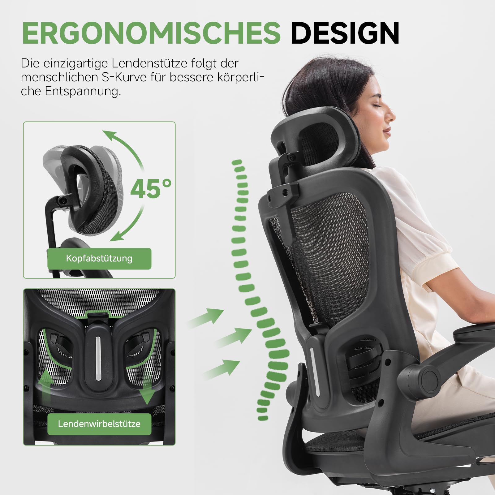 GTPLAYER Bürostuhl Ergonomisch, Schreibtischstuhl mit Verstellbarer Kopfstütze, Armlehnen, Lendenwirbelstütze, Büro Stuhl & Gaming Stuhl Wippfunktion, Chefsessel aus Mesh, 150kg(Schwarz)