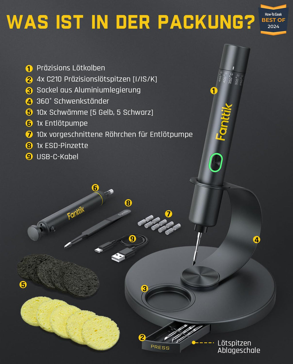 Fanttik T1 Max Präzisions Lötkolben Set, 7 Sek. schnelles Aufheizen，6 Temperatur Einstellbar 200~450 ℃, 4 Lötspitzen (C210), 360° drehbarer Ständer, Lötkolben für Reparaturen