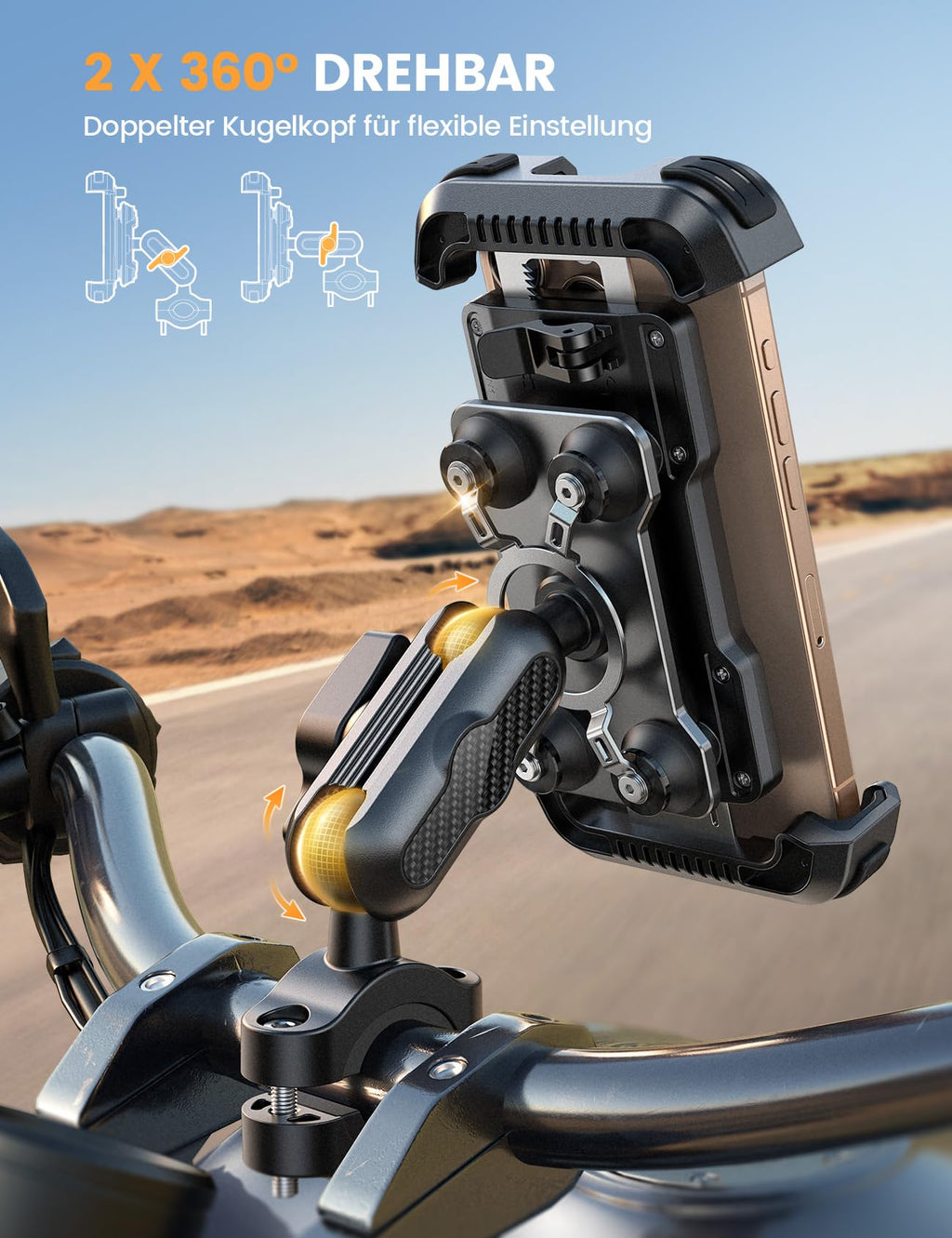 Lamicall Motorrad Handyhalterung Fahrrad Handyhalter - [720° Drehbarer Metall-Arm] Doppelte Vibrationsgedämpft Handy Halterung Motorrad, Diebstahlsicher Lenker Motorradhalterung für iPhone 17/16/15/14