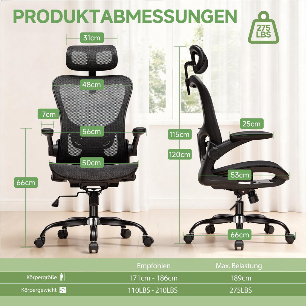 GTPLAYER Bürostuhl Ergonomisch, Schreibtischstuhl mit Verstellbarer Kopfstütze, Armlehnen, Lendenwirbelstütze, Büro Stuhl & Gaming Stuhl Wippfunktion, Chefsessel aus Mesh, 150kg(Schwarz)