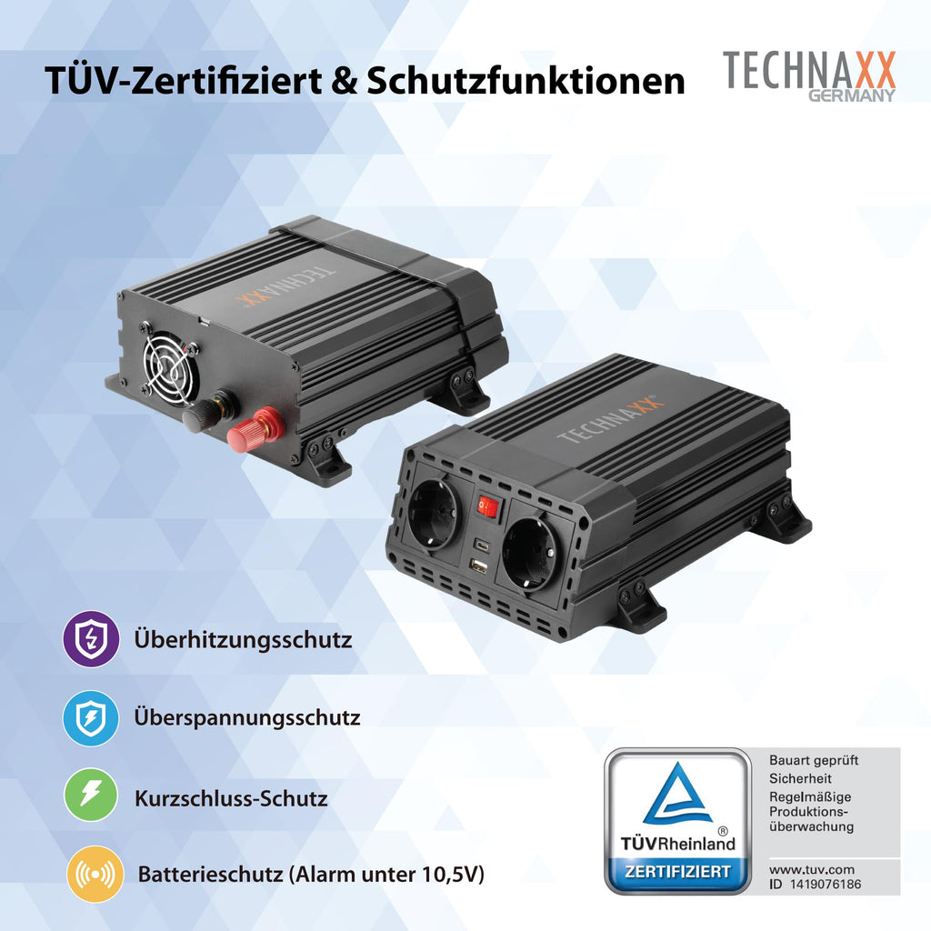 Technaxx KFZ Wechselrichter 12V auf 230V - TÜV Rheinland zertifiziert Auto Inverter mit 2x Schuko-Stecker und 2x USB-Port - Power 600W / 1200W (Spitze) – Spannungswandler TE19