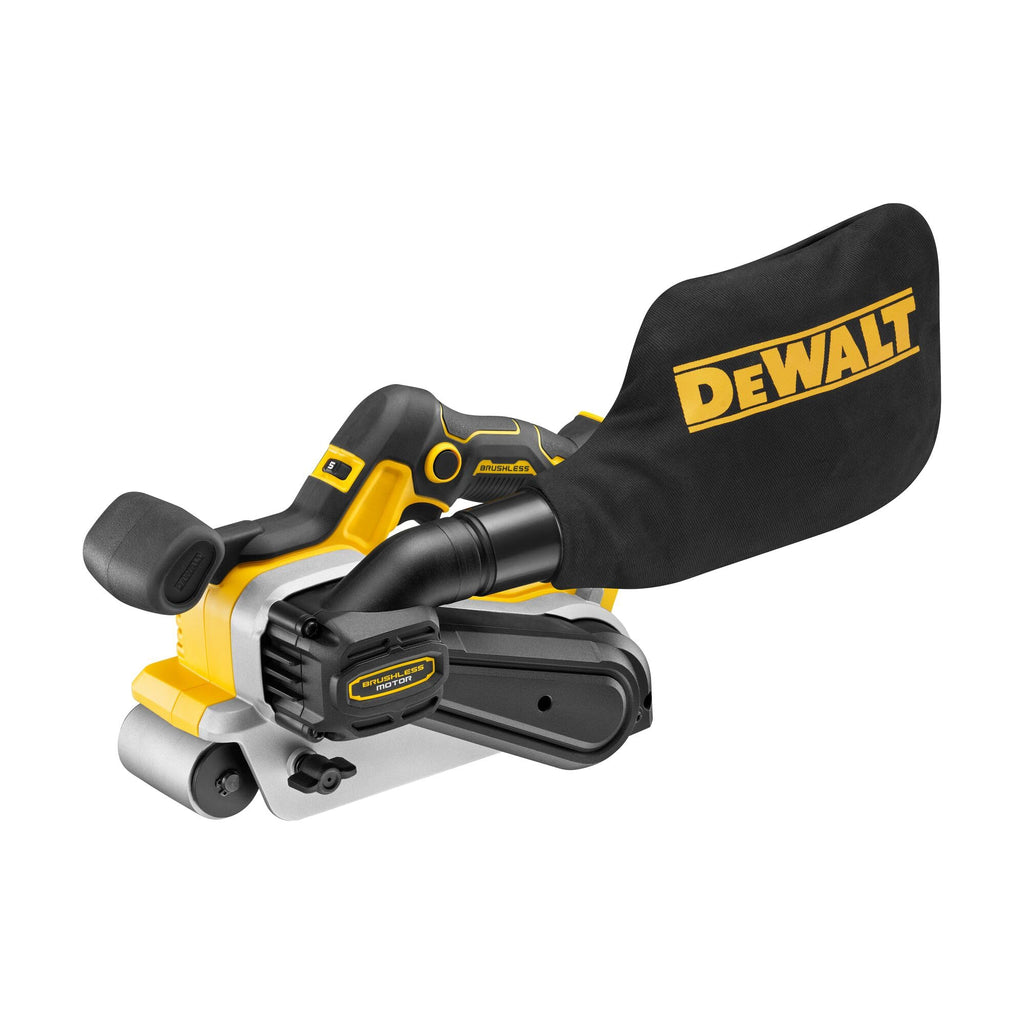 DEWALT 18 Volt Akku-Bandschleifer (Bandgröße 75 x 533 mm, bürstenloser Motor, Drehzahlvorwahl, Staubabsaugung, werkzeugloser Schleifbandwechsel, Lieferung ohne Akku & Ladegerät), DCW220NT-XJ