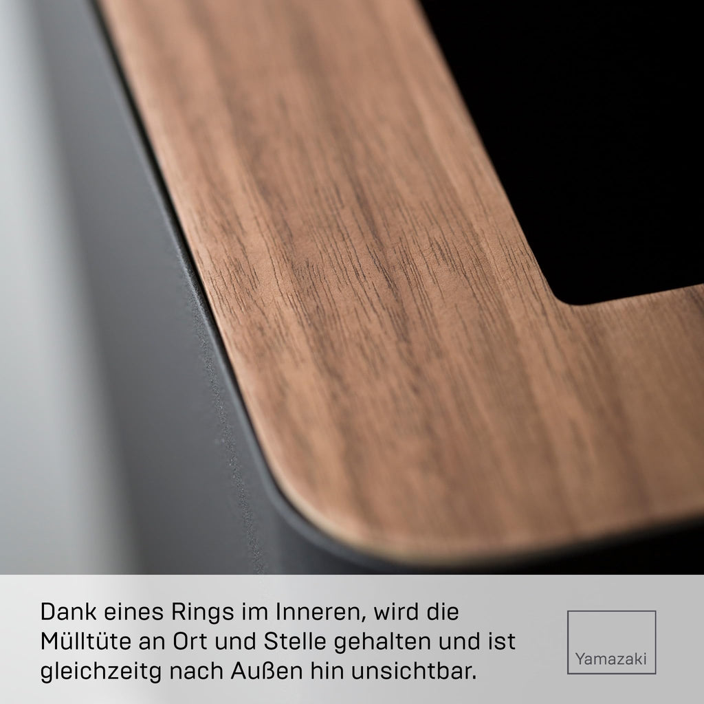 Yamazaki Rin' 3195 Papierkorb-Mülleimer für Wohnzimmer, Büro, Arbeitszimmer, Stahl, Holz, schwarz, L 28 x B 15 x H 30 cm