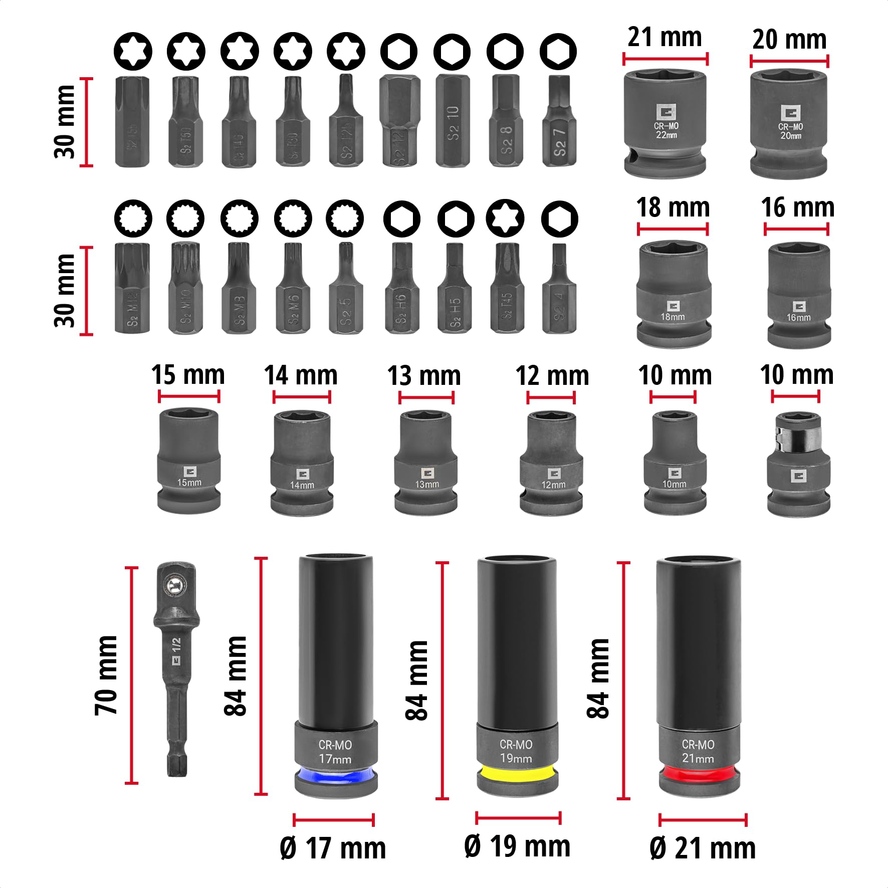 Original Einhell Impact Stecknuss-Set 32-tlg. (18x 30-mm-Kraftbits, 9x 40-mm-Stecknüsse, 3x 80-mm-Stecknüsse, S2- und CrMo-Stahl, Kunststoffhülse, KFZ-Bereich)