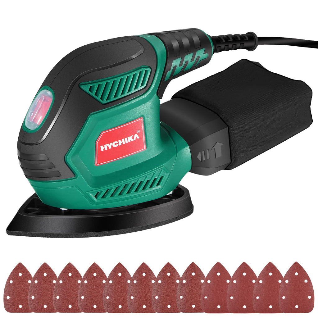 HYCHIKA Multischleifer, Deltaschleifer 200W, mit 12 Schleifblätter (Körnung 80/120/240), 14000 U/min, Klettfix-System, Staubsaugbeutel, Schleifmaschine für Ecke & Kante, Metal & Holz