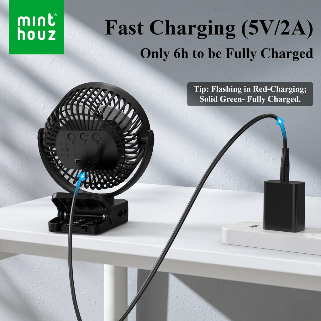 Minthouz USB Tischventilator leise mit 12000mAh Ventilator Akku – Tragbarer Clip-Ventilator mit Fernbedienung, Licht, Timer, 360° drehbar, 3 Stufen, 45 Std. Laufzeit – für Camping, Büro, Kinderwagen