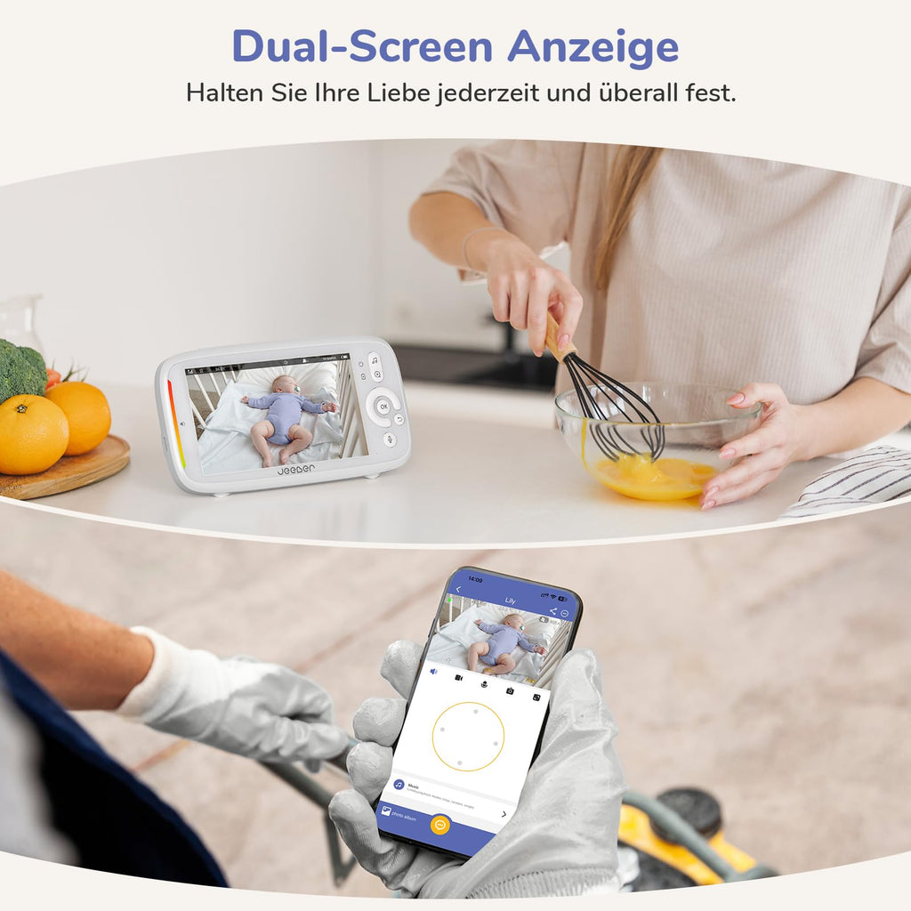 jeeber 2K 5" Baby Monitor Video, Controllo Tramite Cellulare APP & Monitor, 360° Telecamera Bambini, Visione Notturna, Temperatura, Movimento, Rilevamento Del Pianto, Ninne Nanne, Audio Bidirezionale