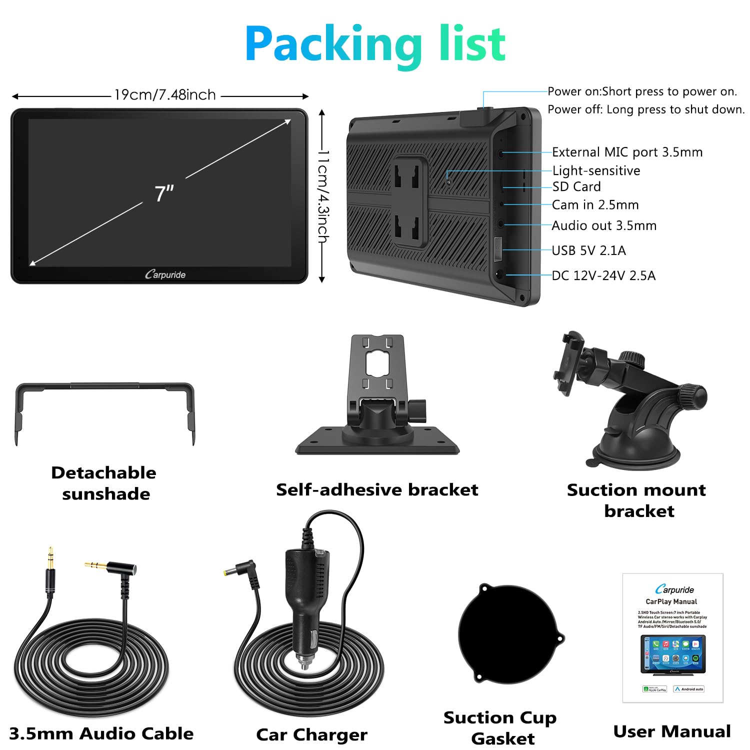 Carpuride Carplay Screen, Tragbares Kabelloses Carplay und Android-Auto, 7 Zoll 1080P HD-Touchscreen-Radio mit BT 5.0, Spiegel-Link-Unterstützung, LKW, Wohnmobil, Armaturenbrett-Halterung