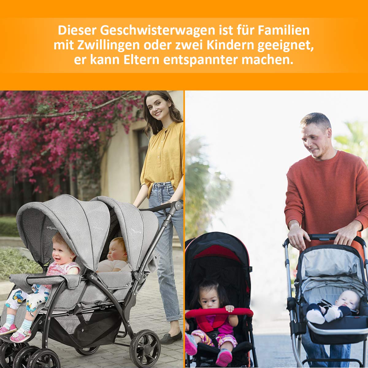 GOPLUS Geschwisterwagen Zwillingswagen, Kinderbuggy Klappbar, Buggy Zwilinge, Kinderwagen Babybuggy, Babywagen Grau, für Babys ab 6 Monate (Grau)