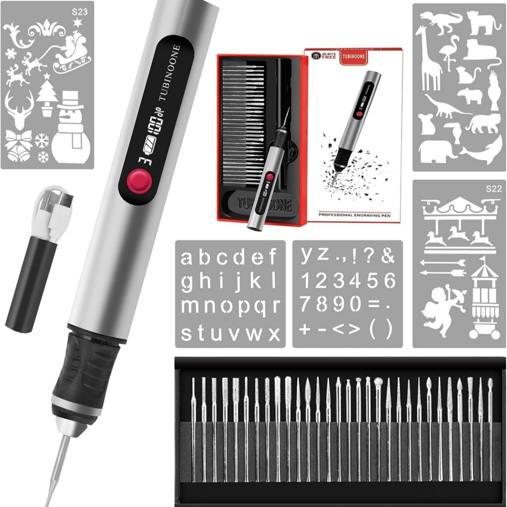TUBINOONE Gravierstift, ultimativer kabelloser tragbarer Gravierer für Künstler und Heimwerker – Gravieren Sie über 50 Oberflächen – Anfängerfreundlich – wiederaufladbar – inklusive 30 Bits &