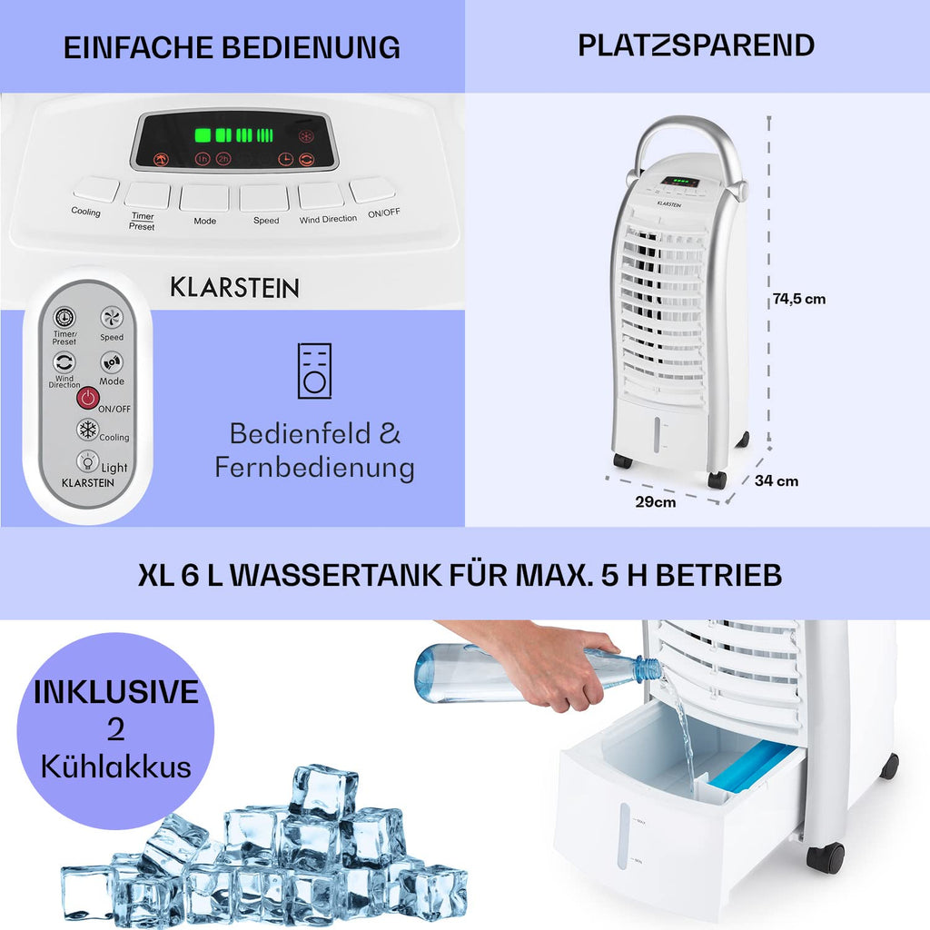 Klarstein Luftkühler mit Wasserkühlung, 4-in-1 Verdunstungskühler, Luftbefeuchter, Ventilator & Nachtmodus, Mobile Klimageräte Luftkühler mit 6L Tank, 65 Watt Air Cooler, 444 m³/h Luftstrom