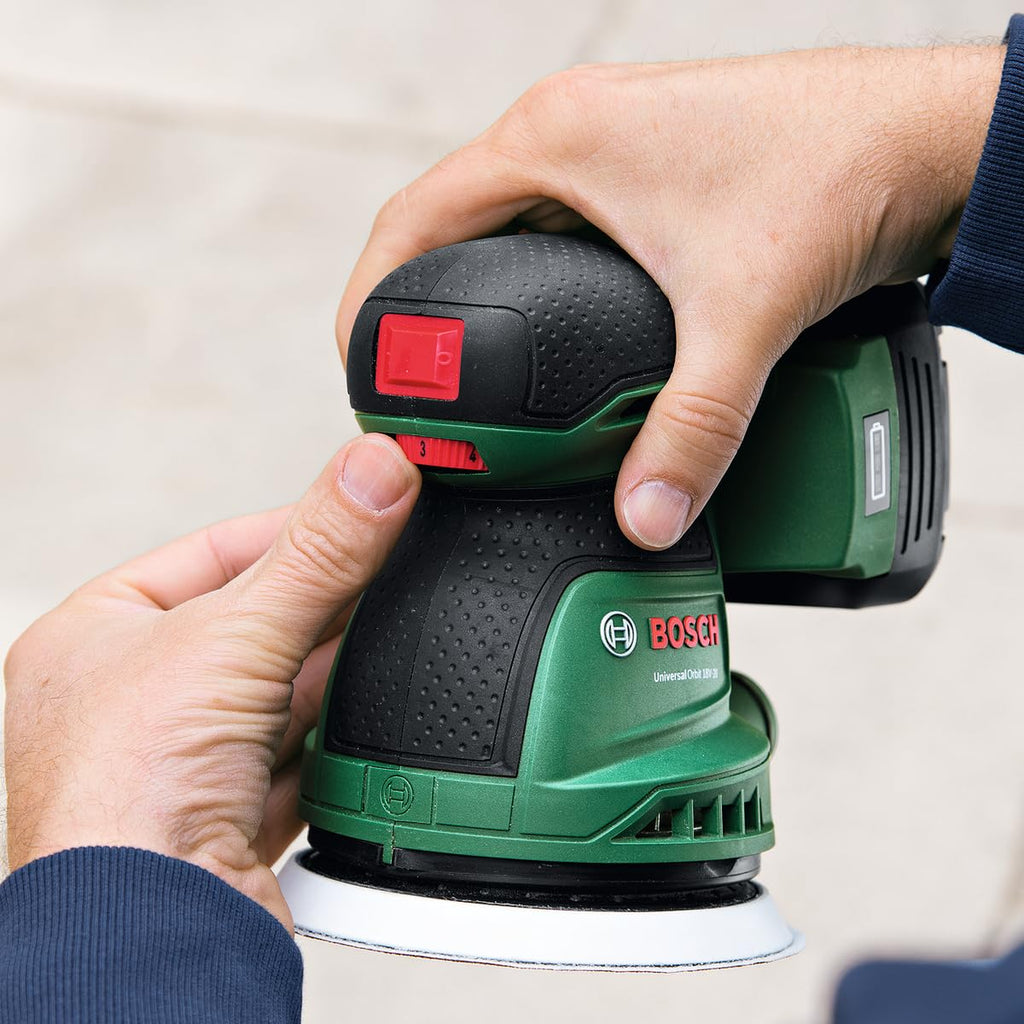 Bosch Akku-Exzenterschleifer UniversalOrbit 18V-20 (Schleifen von mittelgroßen bis großen Holzoberflächen sowie lasierten und lackierten Oberflächen; Durchmesser: 125 mm; 18 Volt System; ohne Akku)