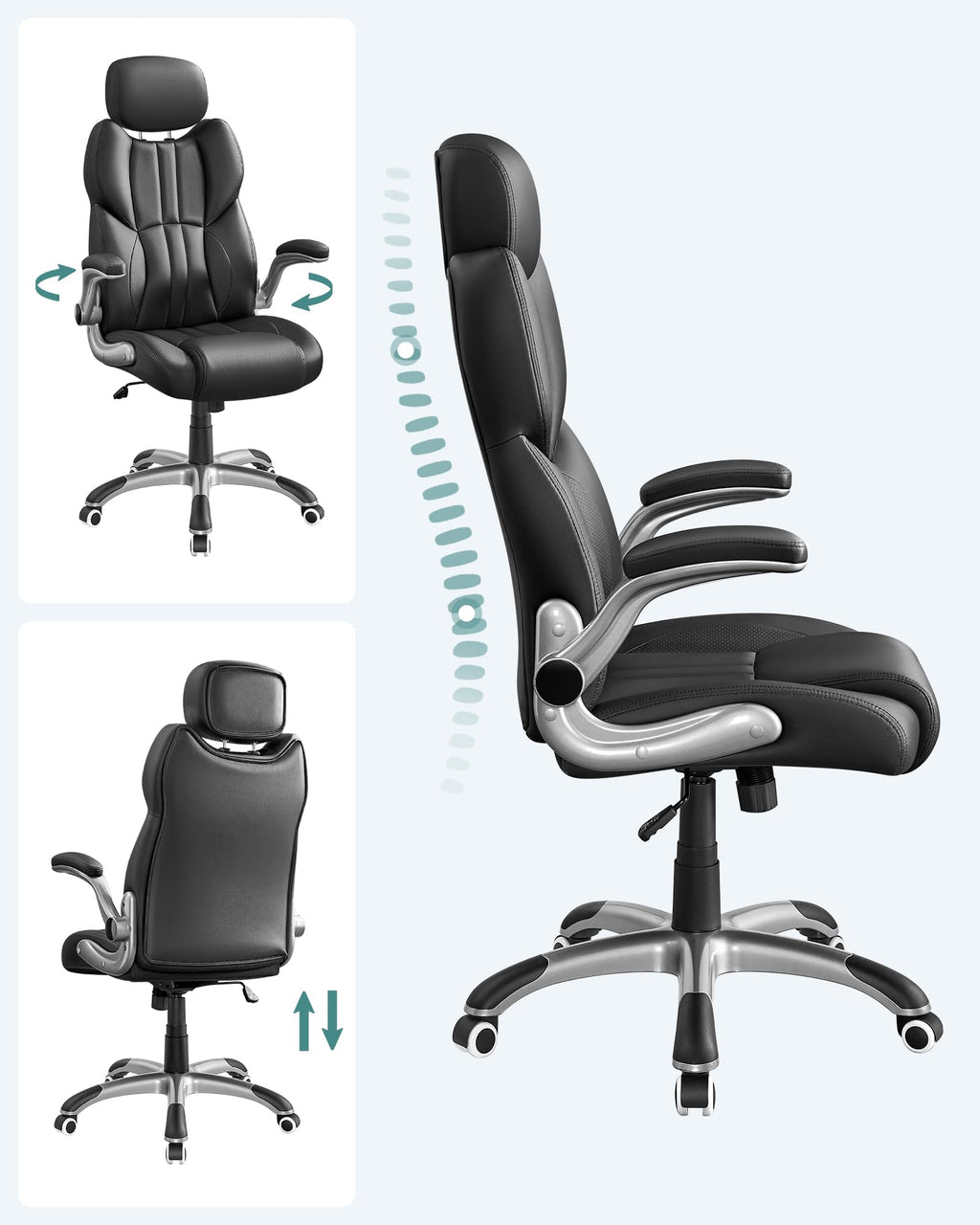 SONGMICS Bürostuhl, Gaming-Stuhl, verstellbare Kopfstütze, Wippfunktion, Schreibtischstuhl, verstellbare Armlehnen, Universalrollen, höhenverstellbar, tintenschwarz OBG65BK
