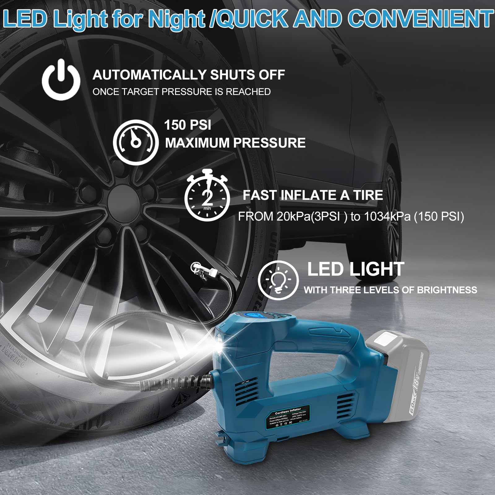 Powarobor 18V Akku Kompressor Kompatibel mit Makita 18V Akkus,10.34 bar Akku Autokompressor/kabellos Luftpumpe für Fahrrad/Auto/Motorrad 150PSI, Automatisch Stop,LED Lampe (ohne Akku, ohne Ladegerät)