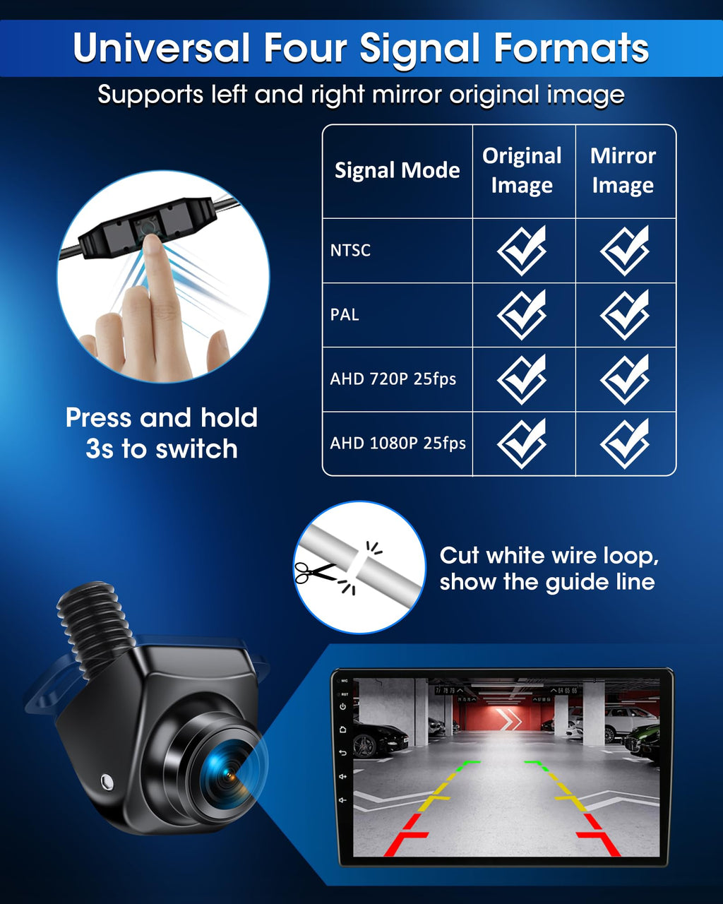 Rückfahrkamera【3 Montagemethoden】 360° Drehbar Rückfahrkamera Auto Unterstützt AHD 1080P/720P/NTSC/PAL Modi Frontkamera/Rückfahrkameras mit Nachtsicht Universal DC 12V-24V für Wohnwagen SUV Wohnmobil