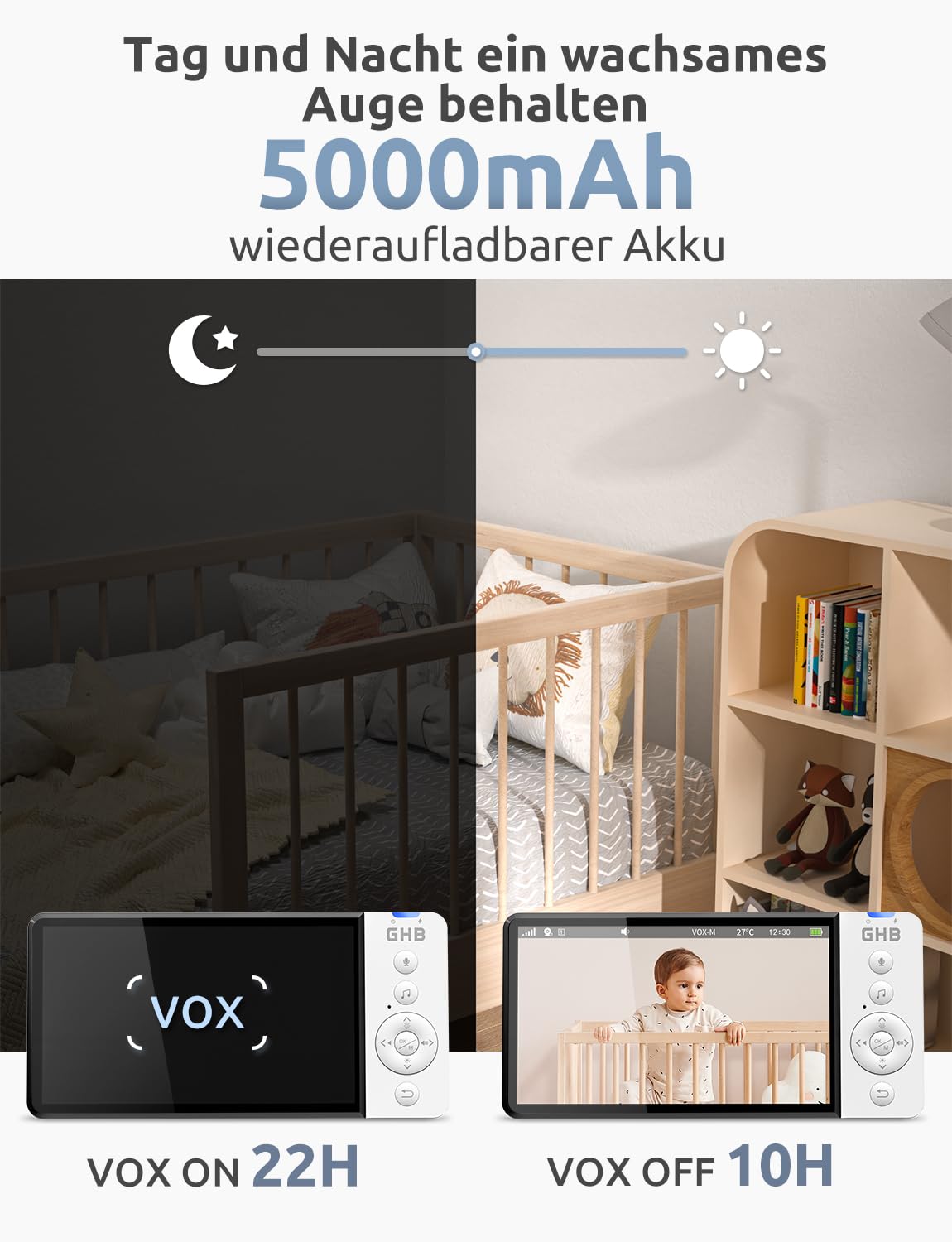 GHB Babyphone mit Kamera 5 Zoll 720P HD 5000mAh IPS-Display VOX-Modus 4X Zoom Nachtsicht Gegensprechen Temperaturanzeige Nicht drehbar