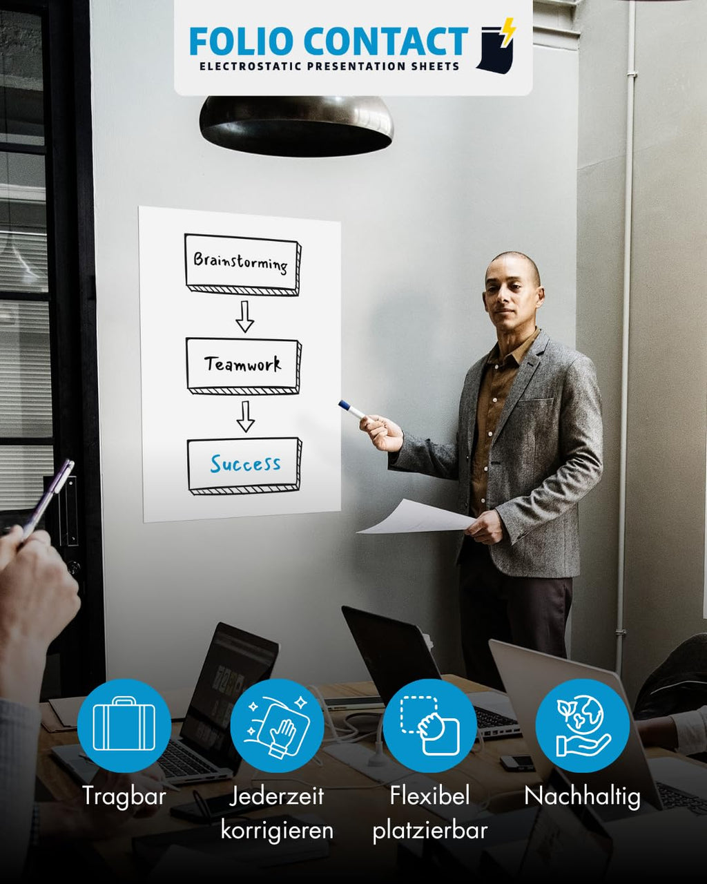 Folio Contact Whiteboard Folie – elektrostatisch haftend, wiederbeschreibbar & abwischbar – haftet ohne Kleber auf allen glatten Flächen – 60 x 80 cm