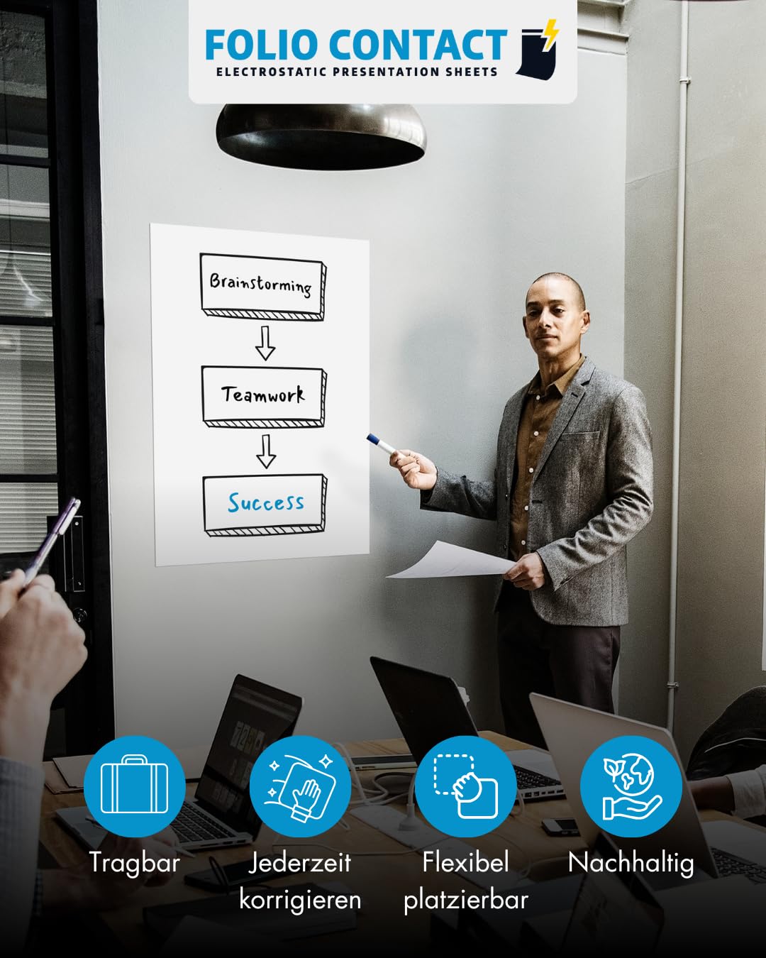 Folio Contact Whiteboard Folie – elektrostatisch haftend, wiederbeschreibbar & abwischbar – haftet ohne Kleber auf allen glatten Flächen – 60 x 80 cm