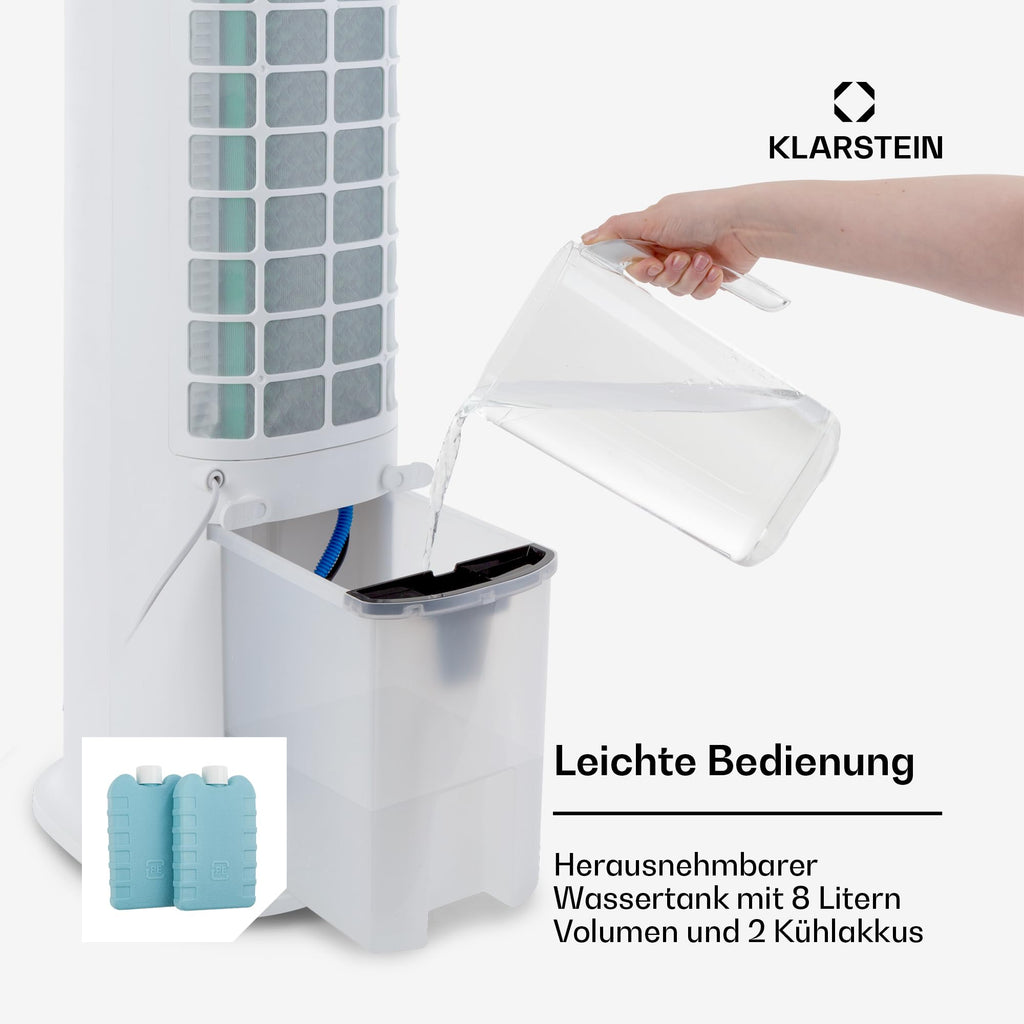 Klarstein Luftkühler mit Wasserkühlung, 5-in-1 Verdunstungskühler, Luftbefeuchter, Ventilator & Luftreiniger, Mobile Klimageräte Luftkühler mit App-Steuerung, 80W Air Cooler, 462m³/h Luftstrom