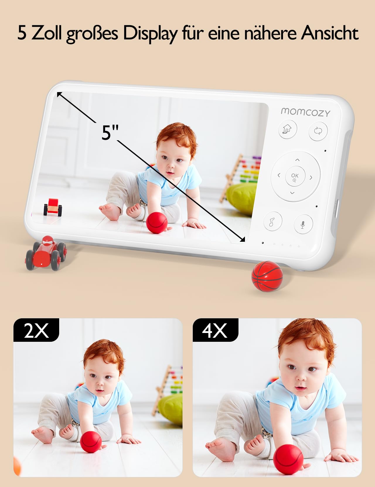 momcozy Babyphone mit 2 Kameras 5 Zoll 1080P Split-Screen-Video-Babyphone mit integriertem Weitwinkelobjektiv, mit Kamera und Audio Kein WLAN, 5000-mAh-Akku Infrarot-Nachtsicht 960 Fuß Reichweite