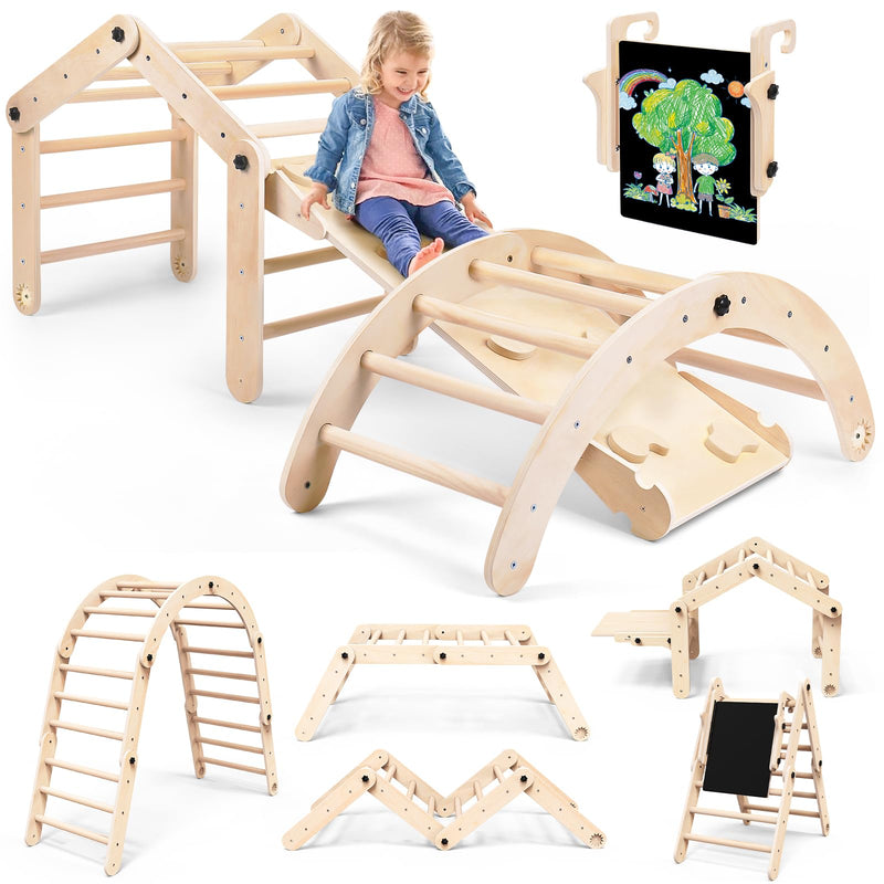7-in-1 Montessori Klettergerüst Indoor Set: Verformbares Kletterdreieck mit Rutsche, Kletterbogen und Kreidetafel, Ideal für Baby- und Kleinkinder 1-6 Jahre, Fördert Spiel, Bewegung und Kreativität