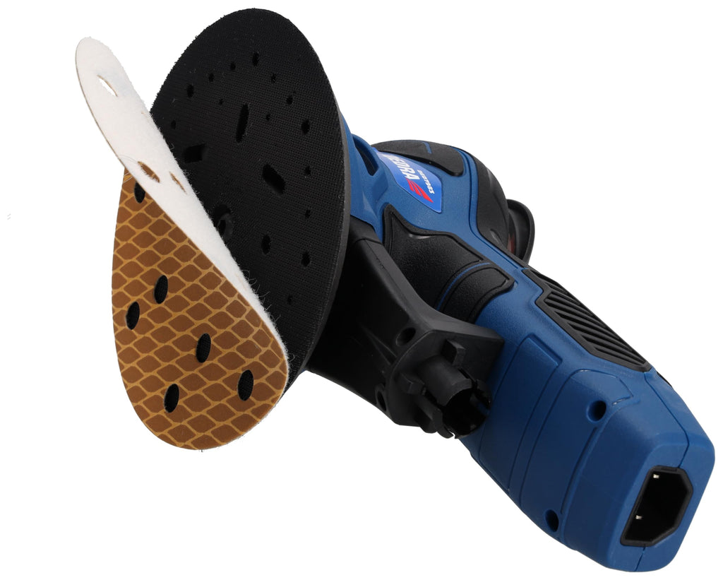 DEDRA Exzenterschleifer mit austauschbaren Auflagen ⌀125 - ⌀150mm, hohe Leistung 350W, 4000-10.000 U/min, langes 4m kabel, gewicht nur 1,4, mit Schleifpapier-Set, 230V~50Hz, Staubsammelanlage