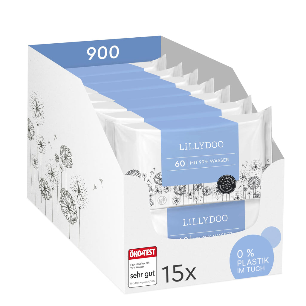 LILLYDOO Baby Feuchttücher mit 99% Wasser, 900 Stück (15 x 60), 100% plastikfreies Tuch, ohne Parfüme & mild wie Watte und Wasser