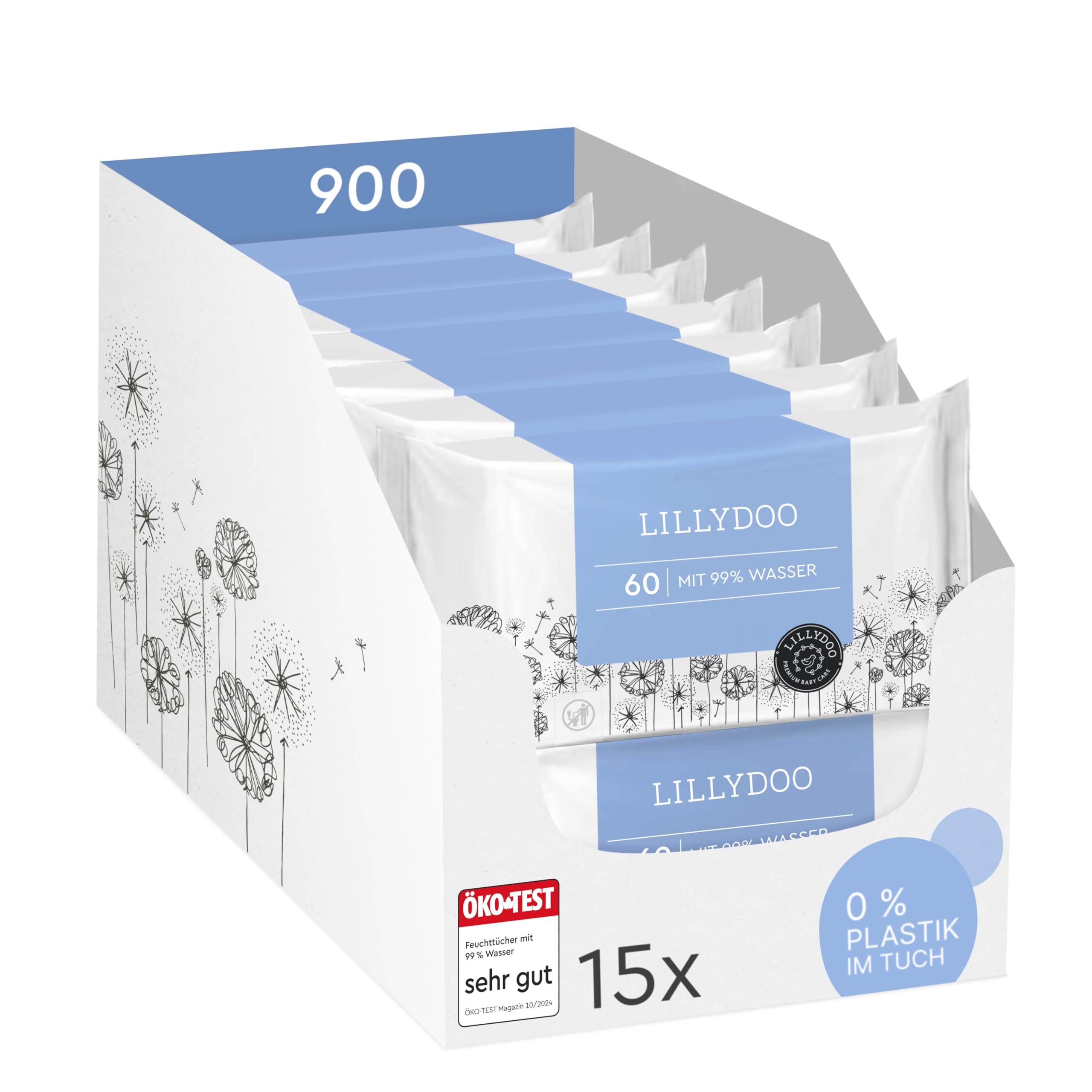 LILLYDOO Baby Feuchttücher mit 99% Wasser, 900 Stück (15 x 60), 100% plastikfreies Tuch, ohne Parfüme & mild wie Watte und Wasser