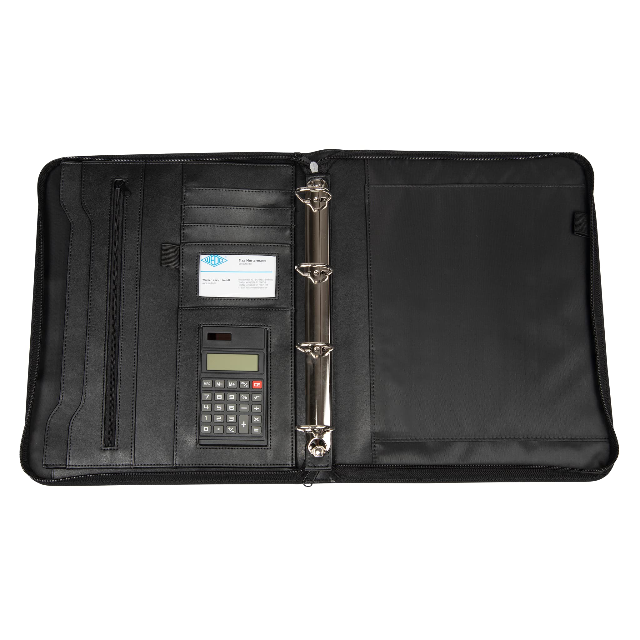 WEDO 581101 Collegemappe A4, genarbtes Kunstleder, Reißverschluss, mehrere Fächer, herausnehmbare 4-Ring-Mechanik, Stiftschlaufen, inkl. Solar Taschenrechner, schwarz