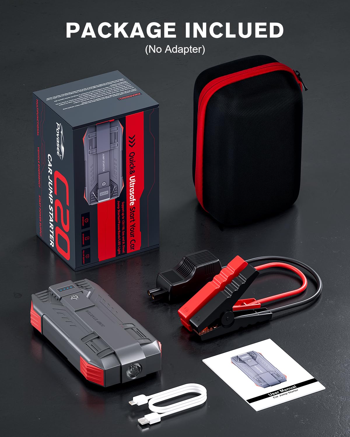 Povasee 6000A UltraSafe Starthilfe Powerbank für Pkw, 12V Booster Auto Starthilfe (bis zu 10L Benzin/8L Diesel), Starter Powerbank mit Starthilfekabel, Kfz Jump Starter mit LED und 2 USB-Ausgänge