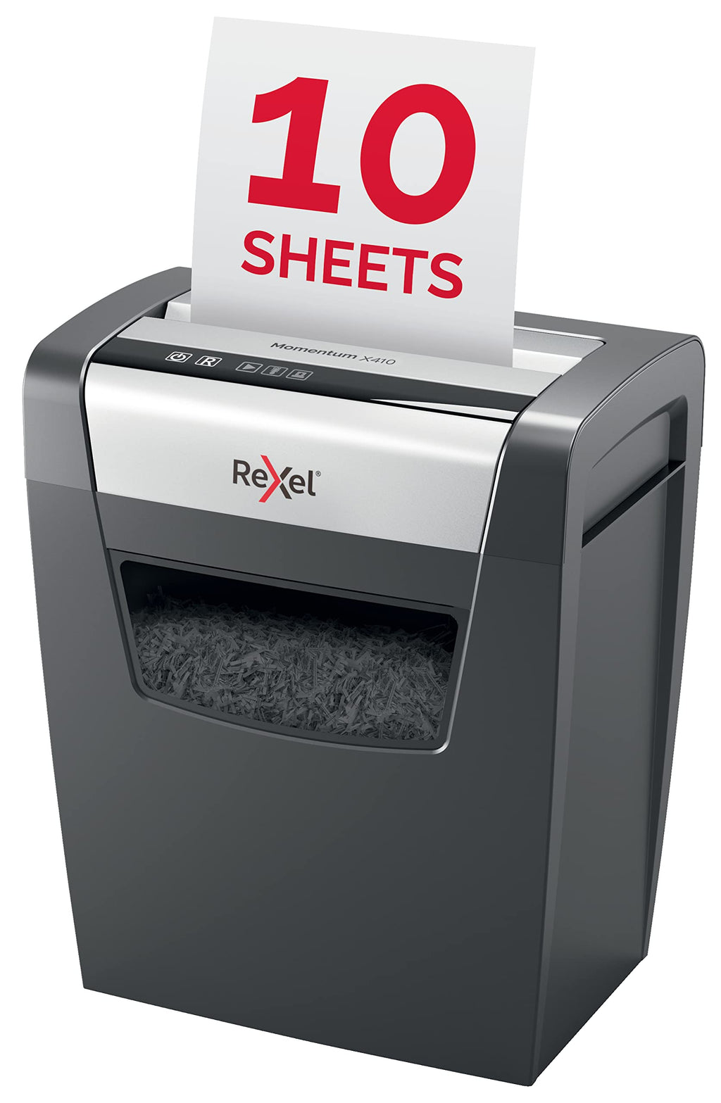 Rexel Aktenvernichter Momentum X410, Partikelschnitt, 11-10 Blatt A4 (70-80 g/m²) Kapazität, Sicherheitsstufe P4, 23L Abfallbehälter, Schredder, schwarz, 2104571EU