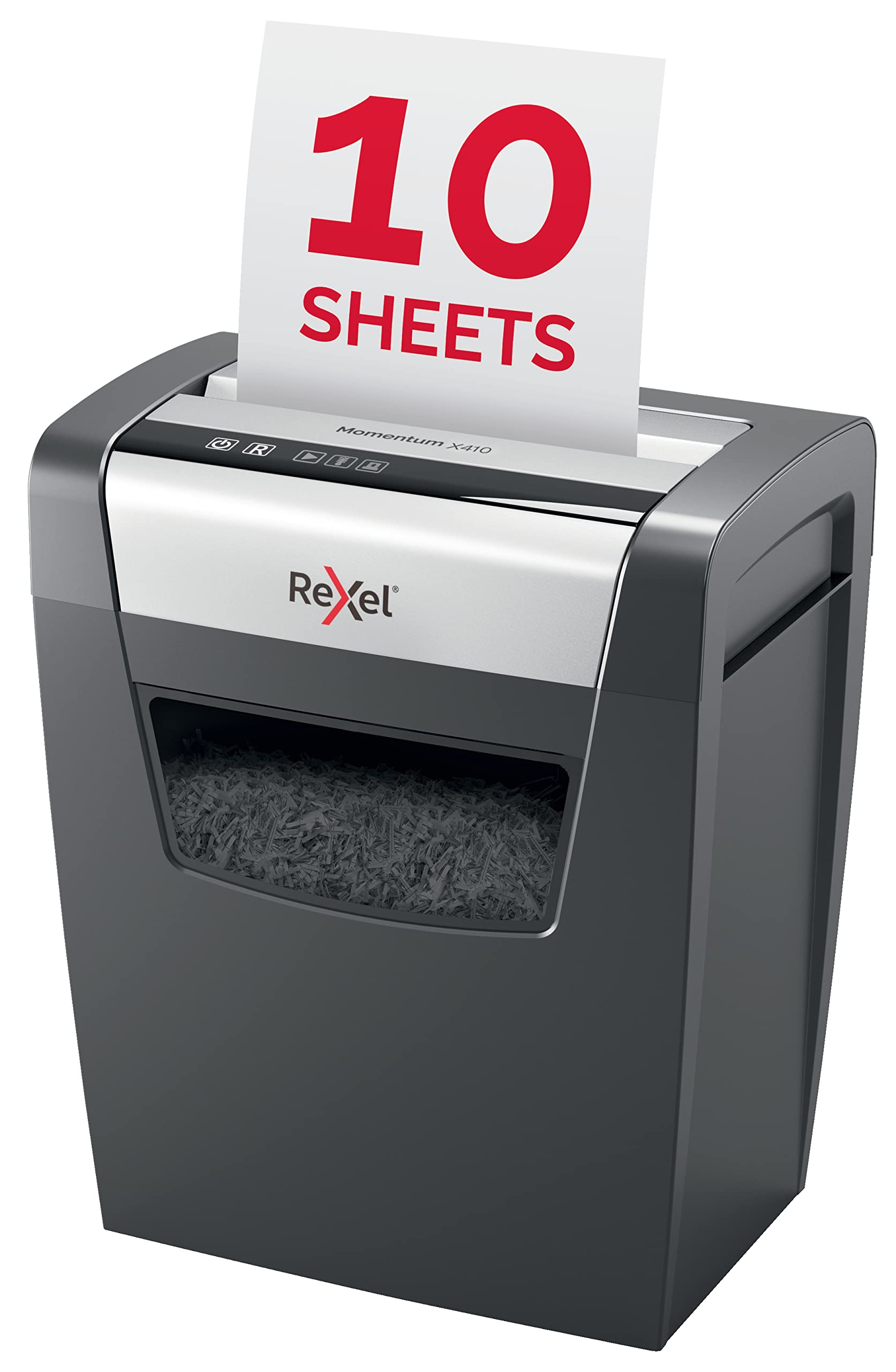 Rexel Aktenvernichter Momentum X410, Partikelschnitt, 11-10 Blatt A4 (70-80 g/m²) Kapazität, Sicherheitsstufe P4, 23L Abfallbehälter, Schredder, schwarz, 2104571EU