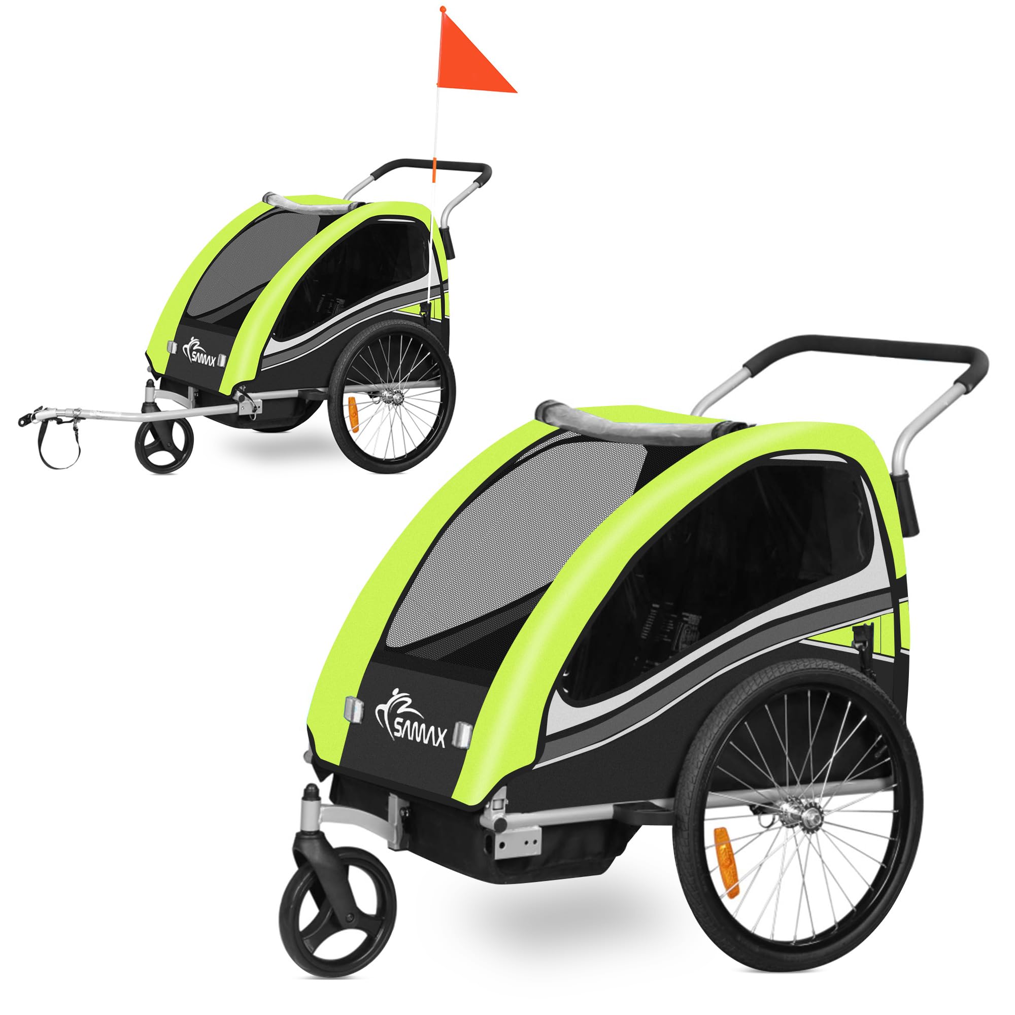 SAMAX Fahrradanhänger Jogger 2in1 360° drehbar Kinderanhänger Kinderfahrradanhänger Transportwagen vollgefederte Hinterachse für 2 Kinder in Grün - Black Edition