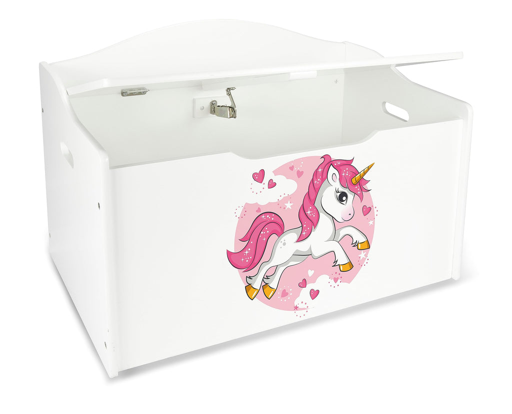 Leomark Kinderbank Hölzerne - UV-Druck: Rosa Einhorn - Kindertruhenbank, Behälter für Spielzeug, Truhe für Kinderzimmer, Höhe: 46 cm