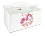Leomark Kinderbank Hölzerne - UV-Druck: Rosa Einhorn - Kindertruhenbank, Behälter für Spielzeug, Truhe für Kinderzimmer, Höhe: 46 cm