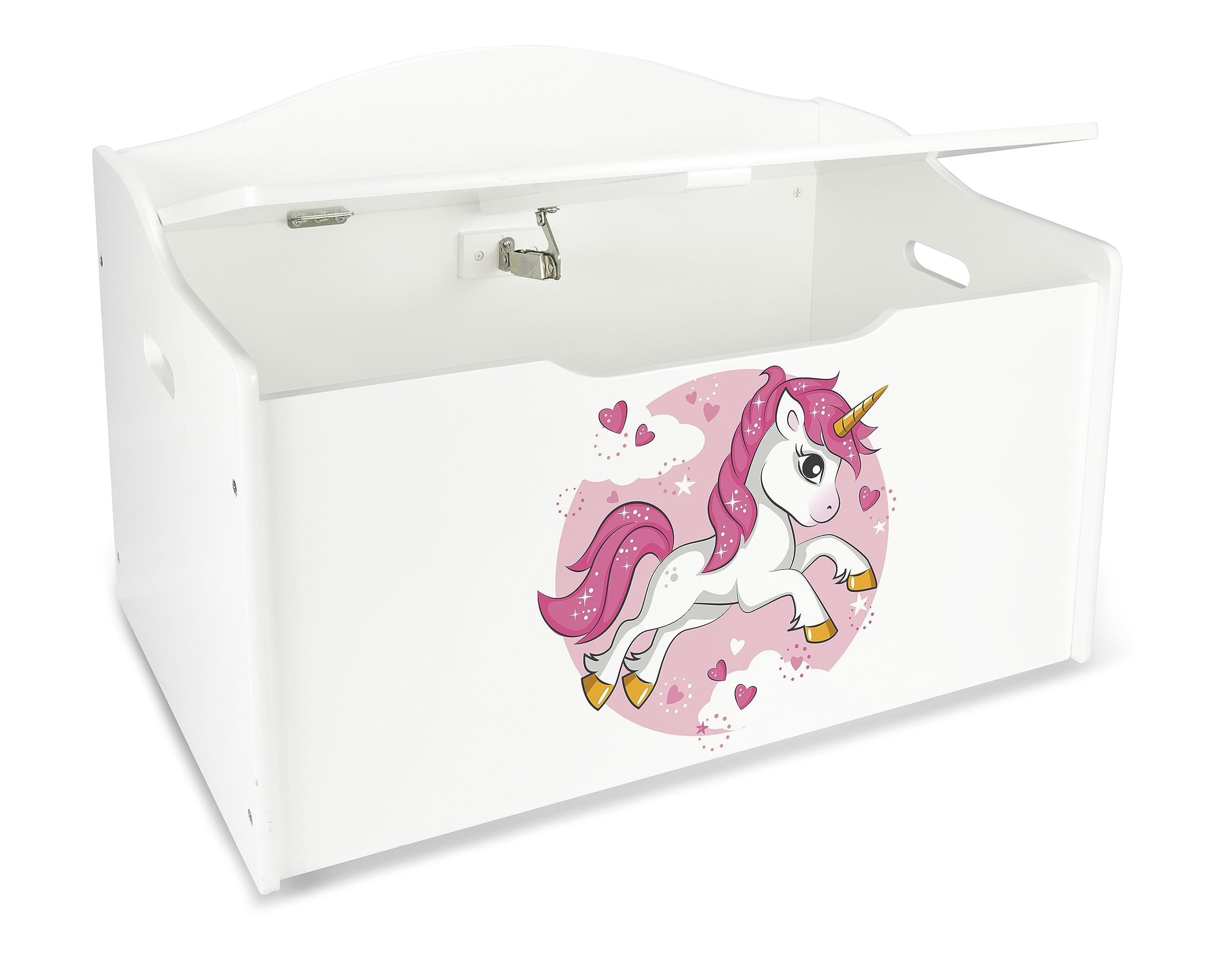 Leomark Kinderbank Hölzerne - UV-Druck: Rosa Einhorn - Kindertruhenbank, Behälter für Spielzeug, Truhe für Kinderzimmer, Höhe: 46 cm