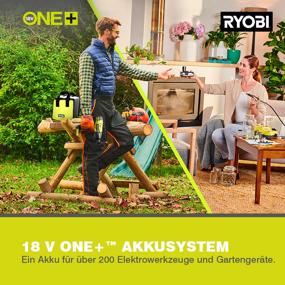 RYOBI 18 V ONE+ Akku-Bohrschrauber R18DD3-215S, 2-Gang-Getriebe, 13 mm Schnellspannbohrfutter, inkl. 2 x 1,5 Ah Akku und Ladegerät
