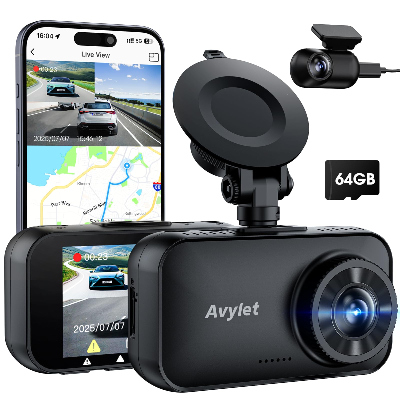 Avylet 4K/2.5K+1080P Dashcam Auto Vorne Hinten, 5GHz WiFi/APP Dual Kamera mit 64GB Card, ADAS Spurhalteassistent, Parküberwachung, externem GPS, Super Nachtsicht, WDR, G-Sensor, 170°+150° Weitwinkel