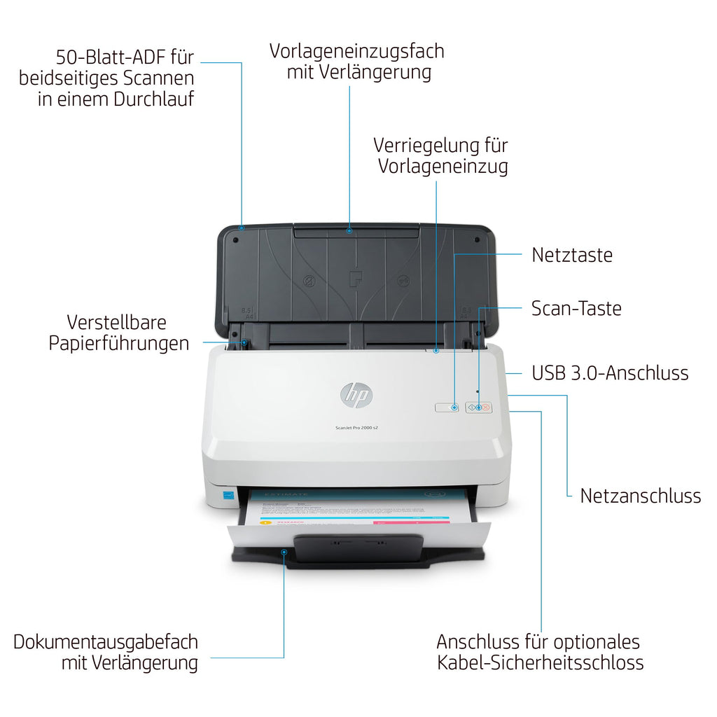 HP ScanJet Pro 2000 s2, Scanner, Einzelblattzufuhr, 50-Blatt ADF, USB 3.0, bis zu 3.500 Seiten täglich, Kurzbefehle