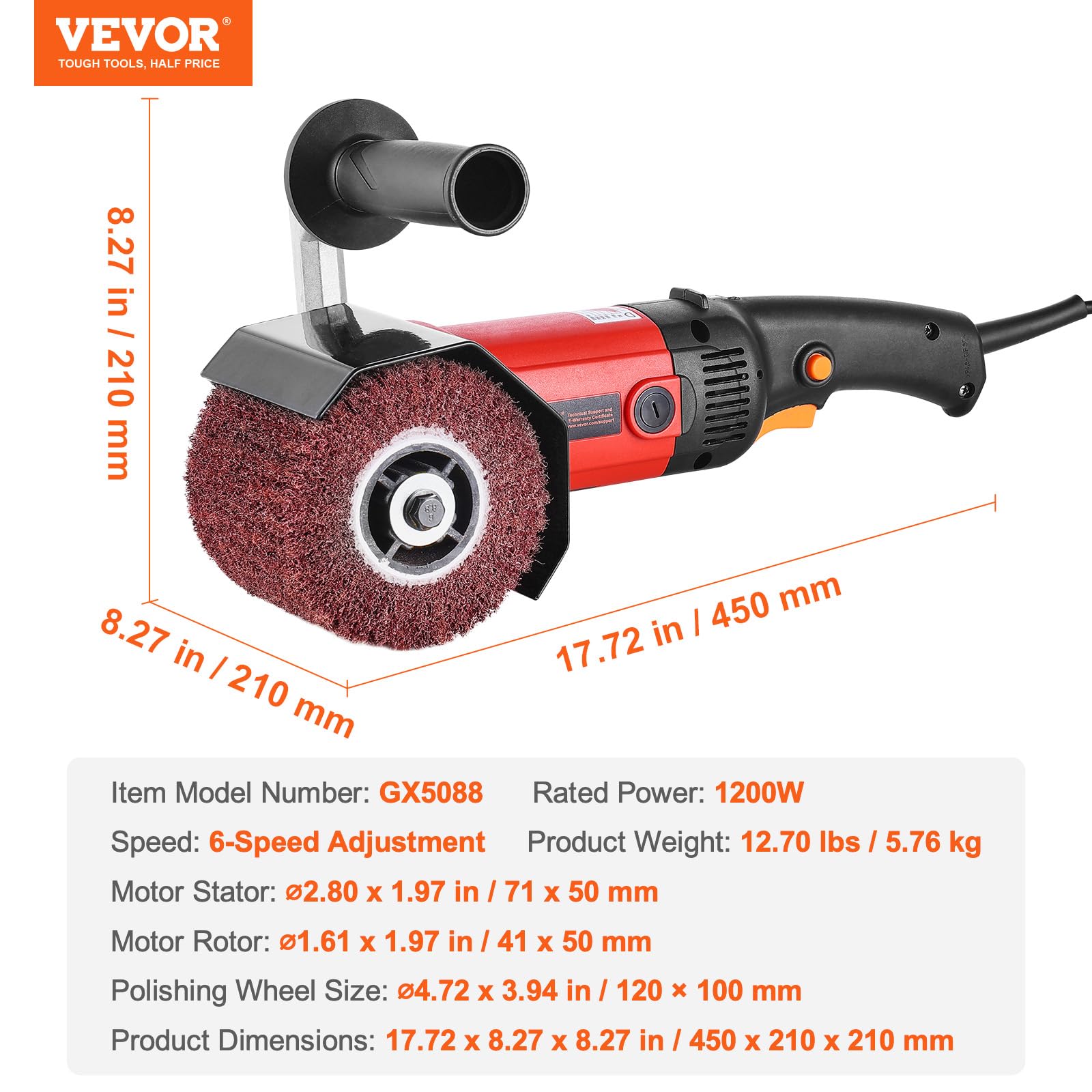 VEVOR Bürstenschleifer, 1200 W, 6-Gang variabler Drehzahlbereich (950-3200 U/min), Walzenschleifer, Schleifmaschine mit 4 Faserpolierrädern, Satiniermaschine für Edelstahl, Kunststoff, Holz