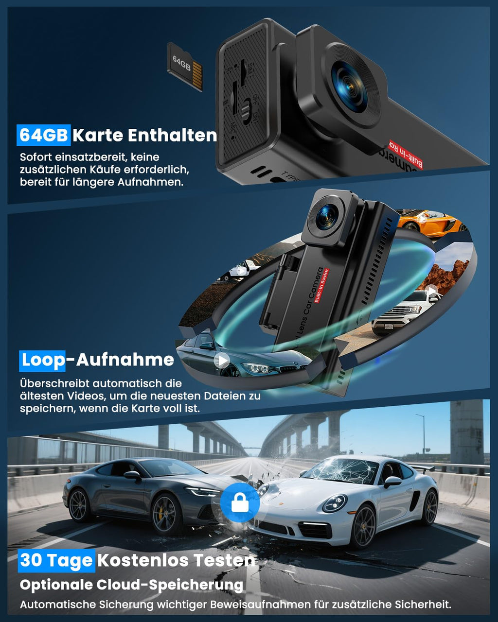 Dashcam Auto, UCOCARE 4G LTE Dash Camera Auto mit SIM Karte, 64GB-Karte, Dashcam mit Parküberwachung ohne WLAN, App-Zugriff, 2-Wege Talk, Bewegungserkennung-Alarm, Nachtsicht, GPS, 170° Weitwinkel