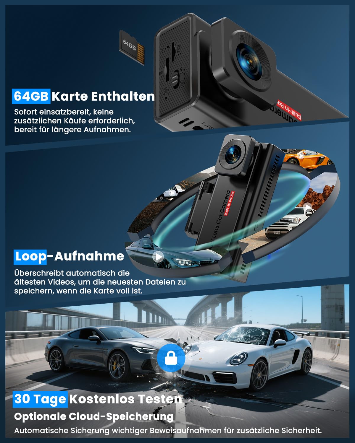 Dashcam Auto, UCOCARE 4G LTE Dash Camera Auto mit SIM Karte, 64GB-Karte, Dashcam mit Parküberwachung ohne WLAN, App-Zugriff, 2-Wege Talk, Bewegungserkennung-Alarm, Nachtsicht, GPS, 170° Weitwinkel