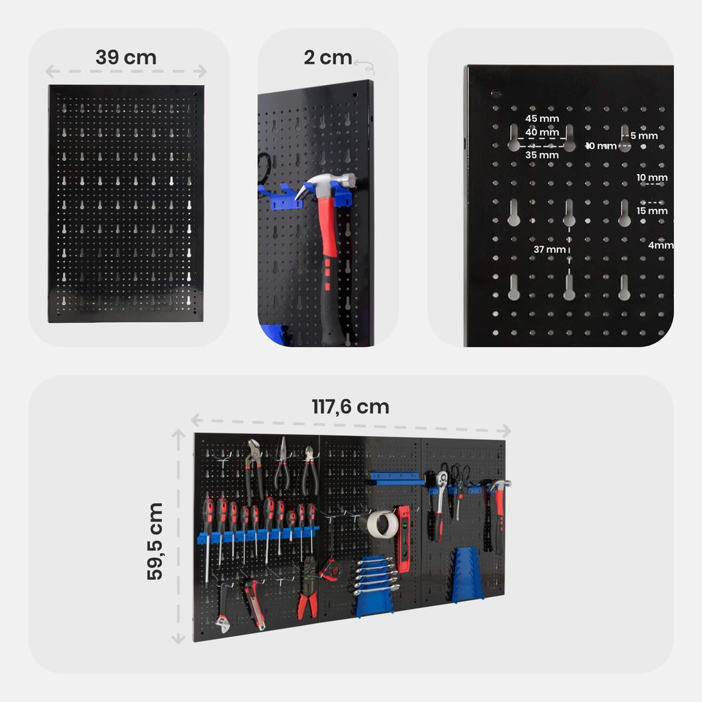 Arebos Werkzeugwand 3-teilige Lochwand Werkstatt | 17-teiliges Hakenset & Halterungen | 117,6 x 59,5 x 2 cm | Werkzeuglochwand aus Metall für Werkstatteinrichtung inkl. Montagematerial | Blau