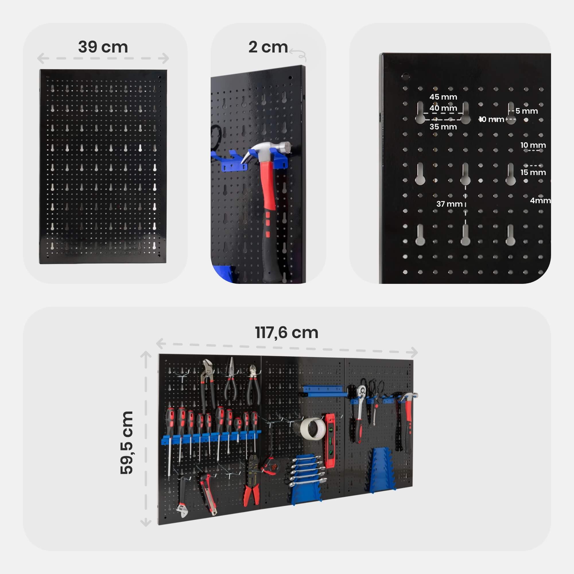 Arebos Werkzeugwand 3-teilige Lochwand Werkstatt | 17-teiliges Hakenset & Halterungen | 117,6 x 59,5 x 2 cm | Werkzeuglochwand aus Metall für Werkstatteinrichtung inkl. Montagematerial | Blau