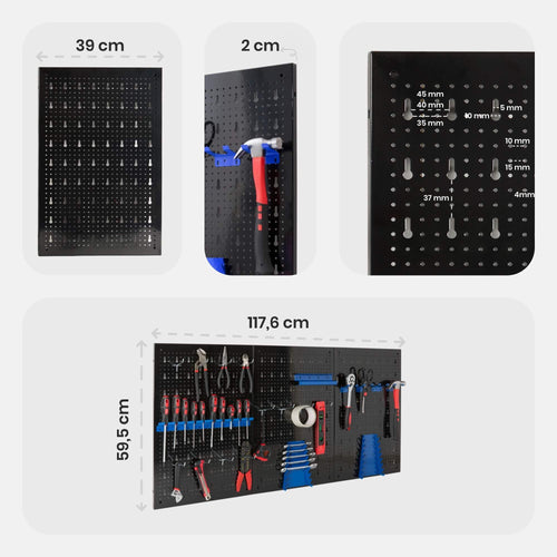 Arebos Werkzeugwand 3-teilige Lochwand Werkstatt | 17-teiliges Hakenset & Halterungen | 117,6 x 59,5 x 2 cm | Werkzeuglochwand aus Metall für Werkstatteinrichtung inkl. Montagematerial | Blau