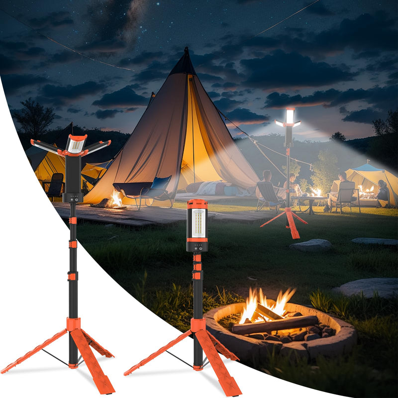 T-SUN Baustrahler LED mit Stativ, Wiederaufladbare Arbeitslicht mit 9000mAh Akku, 5 Leuchtmodi Kabellose LED Arbeitsleuchte, Teleskopstativ und Tragetasche, Akku Strahler Für Camping Garage Baustelle
