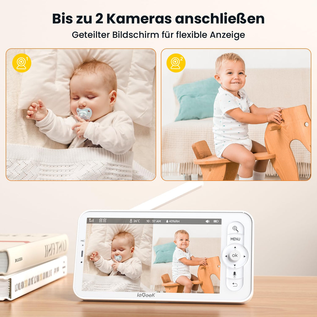 ieGeek 2K-Babyphone mit Kamera und Nachtsicht, 5-Zoll-WLAN-Video-Babyfon, Gegensprechfunktion, Schrei-/Bewegungserkennung, Temperaturerkennung, PTZ, Mobile App