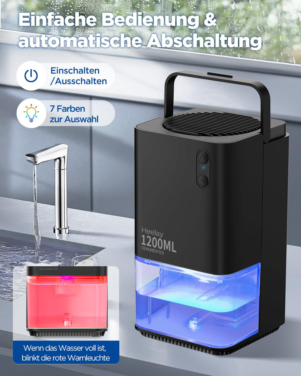 Heelay Luftentfeuchter 1200 ml, elektrischer Luftentfeuchter, energiesparend, tragbar, ultraleise, automatische Abschaltung, 7-farbiges Licht, Raumentfeuchter für Schlafzimmer, Badezimmer und Zuhause