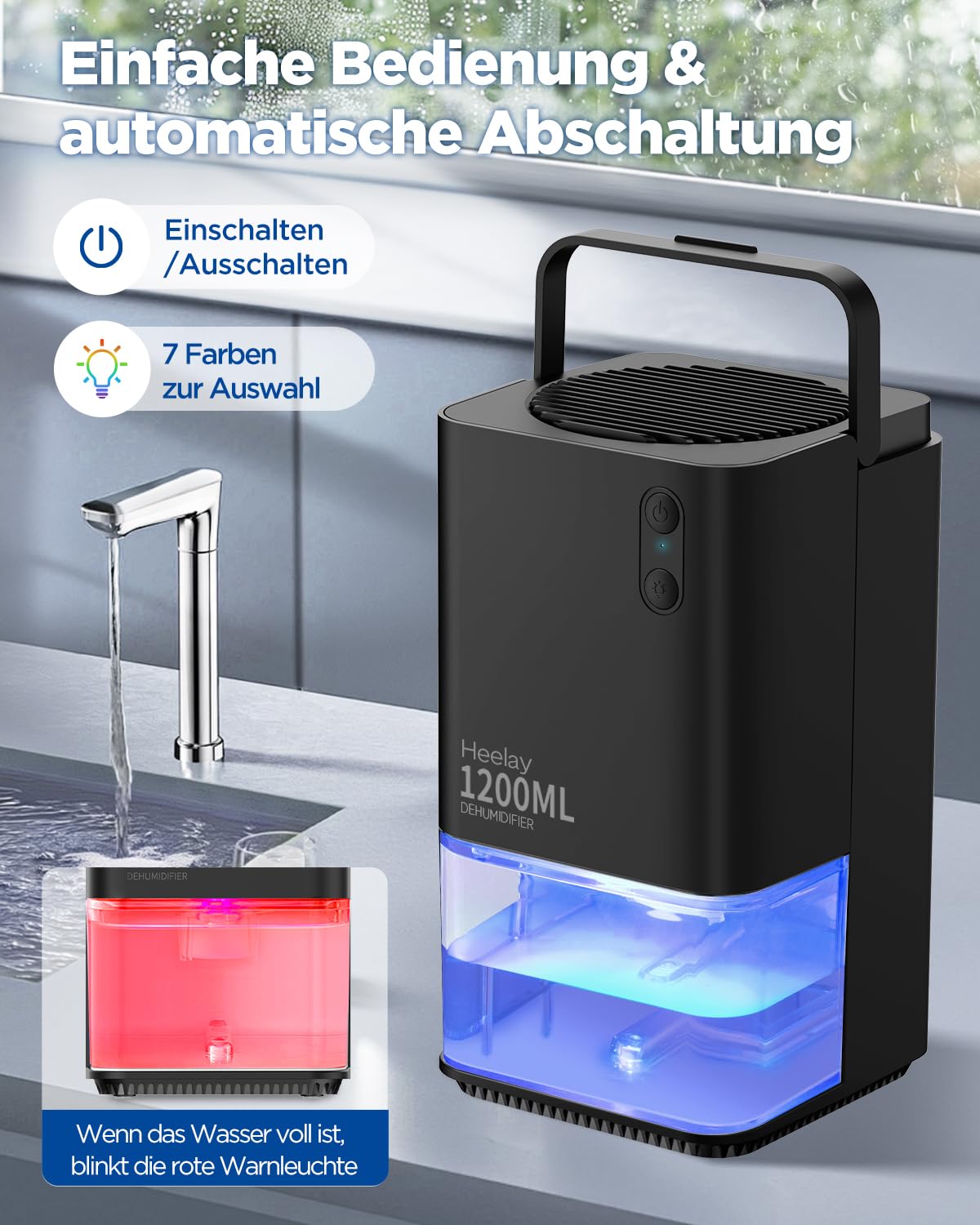 Heelay Luftentfeuchter 1200 ml, elektrischer Luftentfeuchter, energiesparend, tragbar, ultraleise, automatische Abschaltung, 7-farbiges Licht, Raumentfeuchter für Schlafzimmer, Badezimmer und Zuhause
